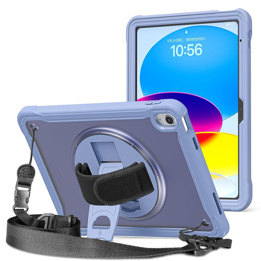 ProElite Cover for iPad (A16) 11th/10th Gen (2025/2022) Case, Rugged Shockproof Armor case for iPad 11th/10th Gen with Hand Grip and Rotating Kickstand (Transparent Back) with Should Strap, Lavender