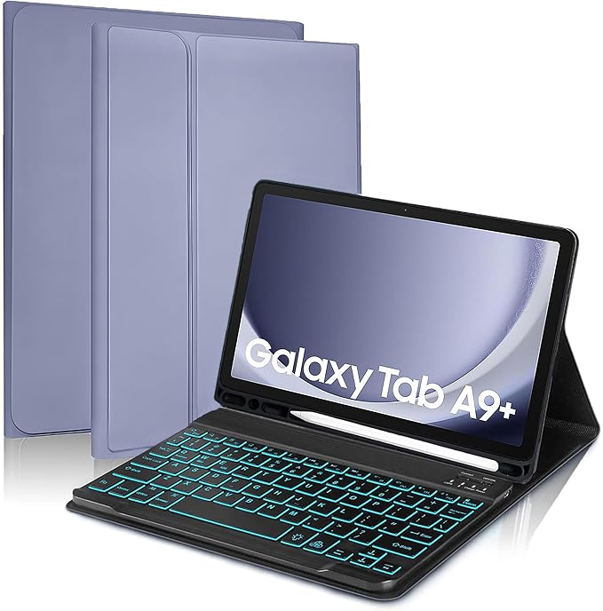 {Refurbished} ProElite Keyboard case Cover for Samsung Galaxy Tab A9 Plus 11 inch with S Pen Holder Magnetic Detachable Wireless Bluetooth Keyboard Built-in 7-Colors Backlit, Lavender