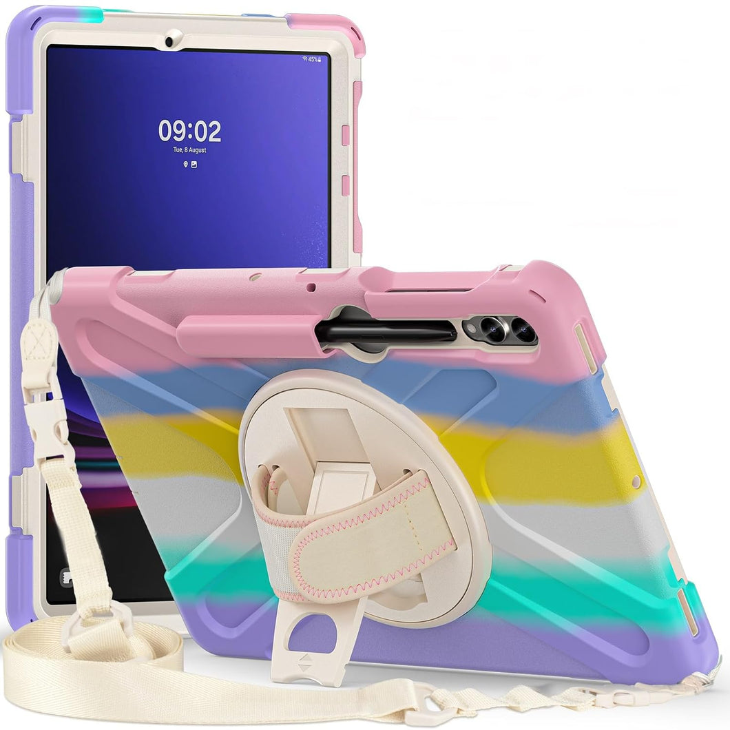 ProElite Cover for Galaxy Tab S9 Plus/ S9 FE+/S10+ Case, Rugged 3 Layer Armor case for Samsung Tab S9 Plus/S8 Plus/S7 Plus/S7 FE/S10+ 12.4 inch with S Pen Holder and Rotating Kickstand, Rainbow Pink