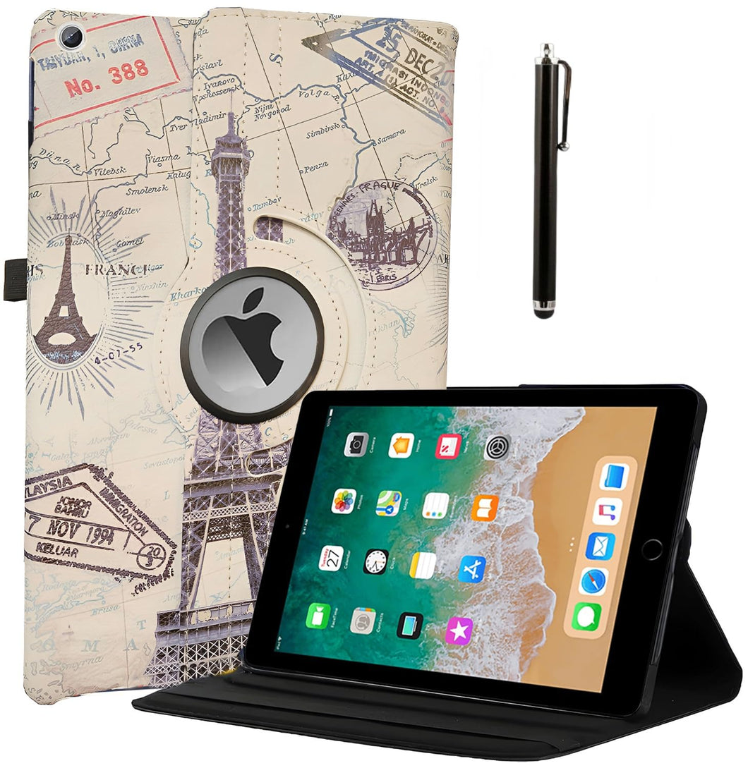 ProElite 360 Rotatable Smart Flip Case Cover for Apple iPad 9.7 inch 2018/2017 5th/6th Generation Air 1 Air 2 with Stylus Pen, Eiffel