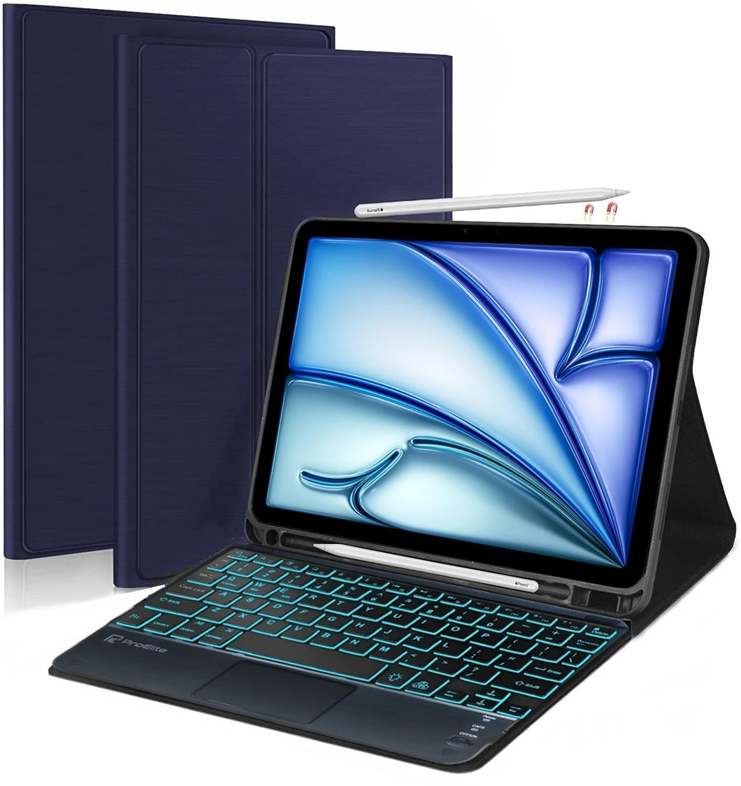 ProElite TouchPad Keyboard case for Apple iPad Air 13 2024 & iPad pro 12.9 5th/6th Gen with Pencil Holder, Magnetic Detachable Bluetooth Keyboard Built-in 7-Colors Backlit, Dark Blue
