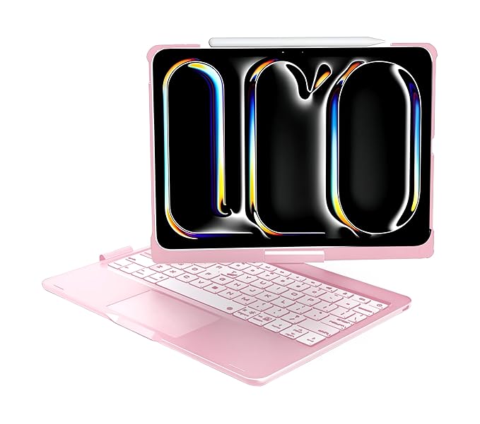 ProElite 360 Degree Rotatable Wireless Bluetooth TouchPad Keyboard case Cover for Apple iPad Pro 11 inch 2024 M4, Built-in 7-Colors Backlit, Rose Gold