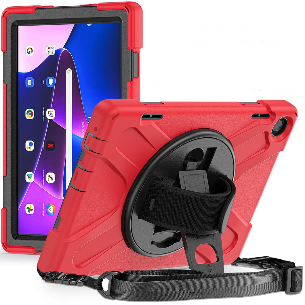ProElite Cover for Lenovo M10 FHD 3rd Gen 10.1 Cover Case, Rugged 3 Layer Armor case Cover for Lenovo Tab M10 FHD 3rd Gen 10.1 inch with Hand Grip & Rotating Kickstand with Shoulder Strap, Red