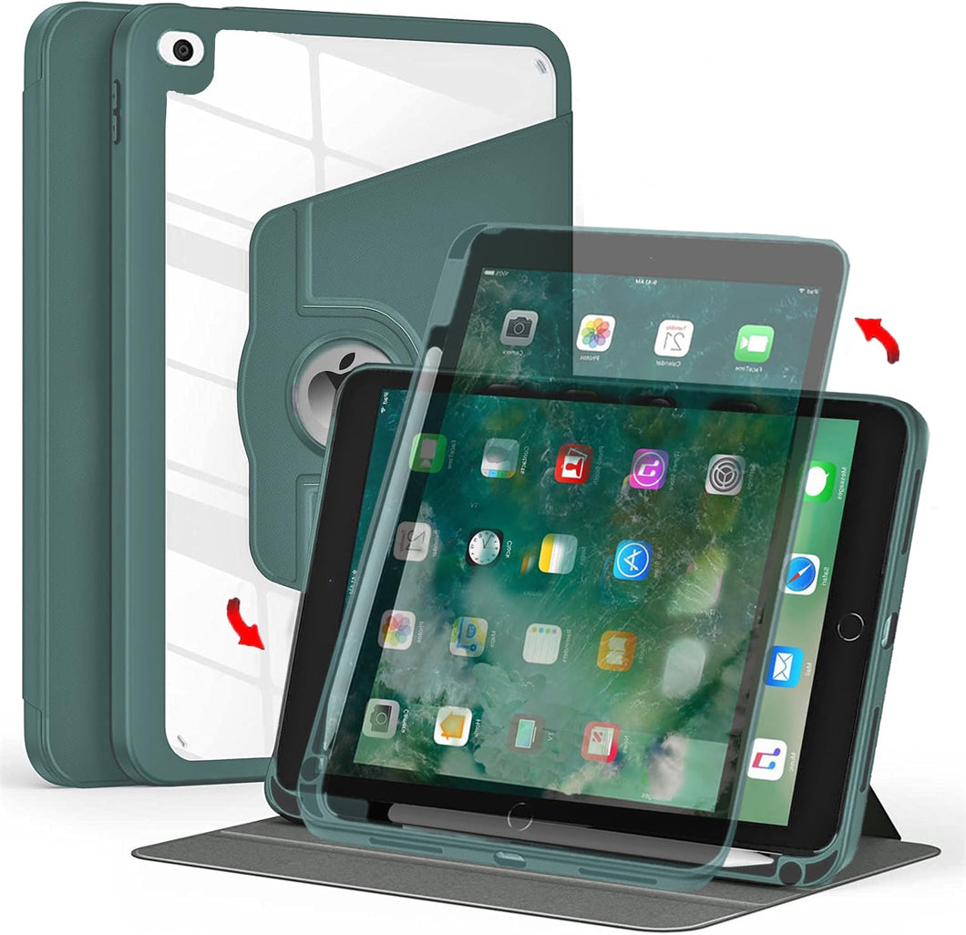 ProElite Cover for iPad 9.7 Cover Case, 360 Degree Rotatable Smart Flip Case Cover for Apple iPad 9.7 inch 2018/2017 5th 6th Generation Air 1 Air 2, Transparent Back with Pencil Holder, Dark Green