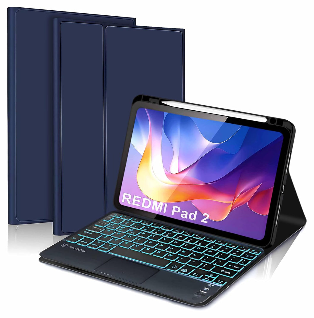ProElite TouchPad Keyboard case for Xiaomi Redmi Pad 2 11 inch, Magnetic Detachable Wireless Bluetooth TouchPad Keyboard Built-in 7-Colors Backlit with Pen Holder, Dark Blue