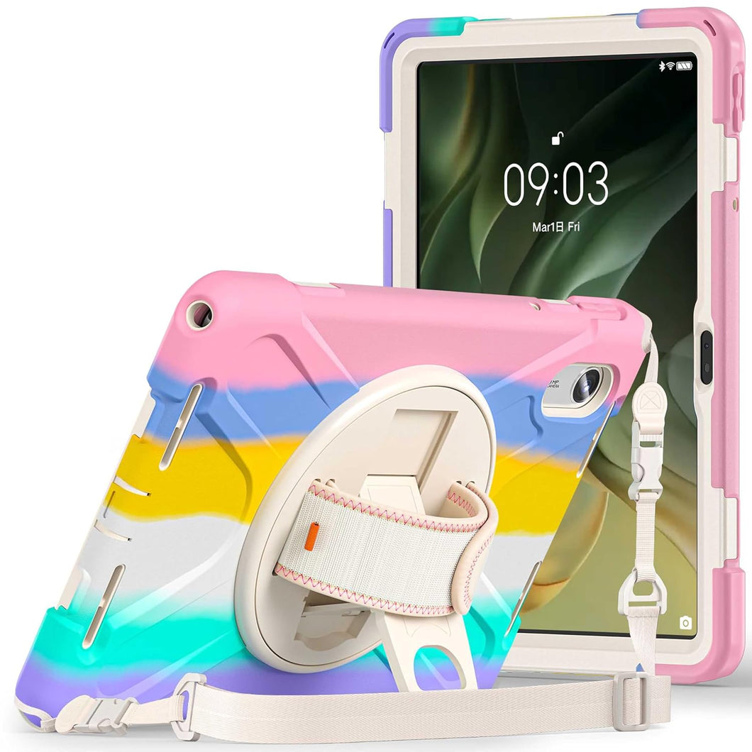 ProElite Cover for Motorola Pad 60 Neo 11 inch 2025 Cover Case, Rugged 3 Layer Armor case Cover for Motorola Pad 60 Neo 11 inch with Hand Grip & Rotating Kickstand with Shoulder Strap, Rainbow Pink