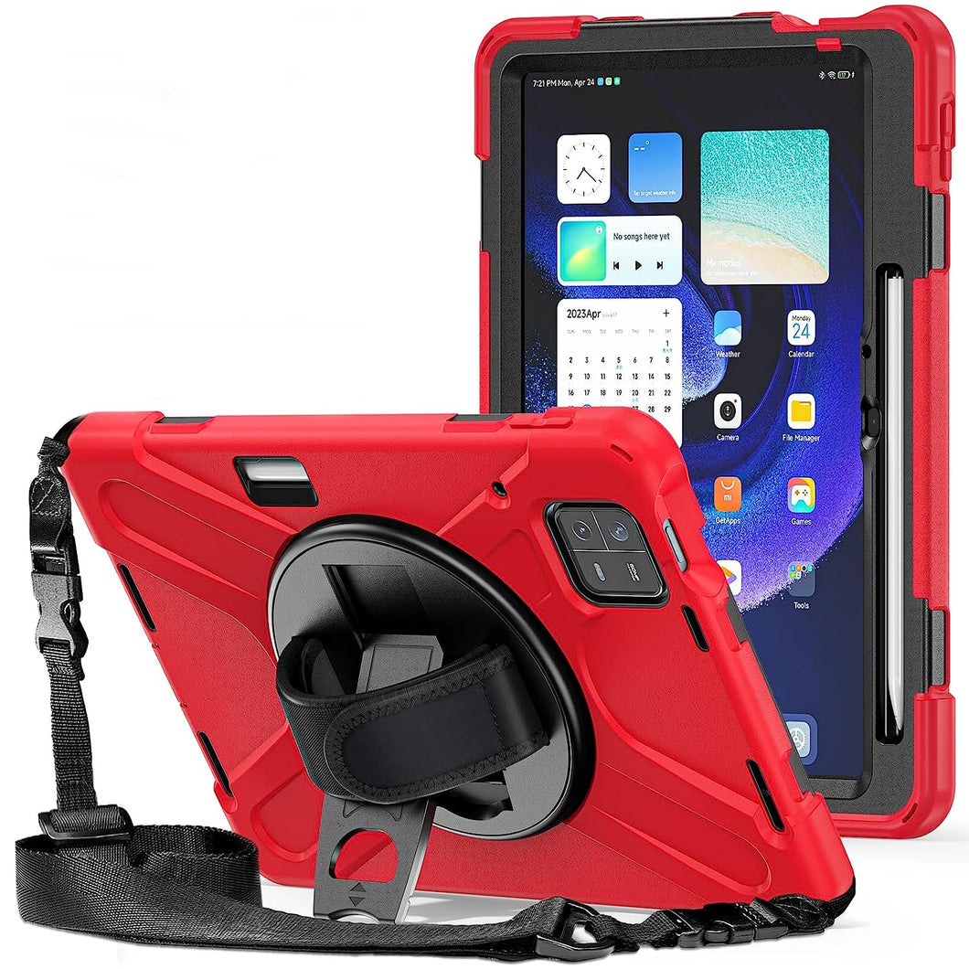 ProElite Rugged 3 Layer Armor case Cover for Xiaomi Mi Pad 6 11inch with Hand Grip and Rotating Kickstand with Shoulder Strap & Pen Holder, Red