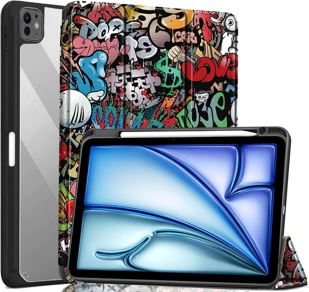 ProElite Case for iPad Air 11 Inch M3/M2 2025/2024, iPad Air 10.9 inch 5th/4th Gen & iPad Pro 11 inch 4th/3rd Gen 2022 case Cover, Transparent Smart Flip Cover with Pencil Holder, Hippy