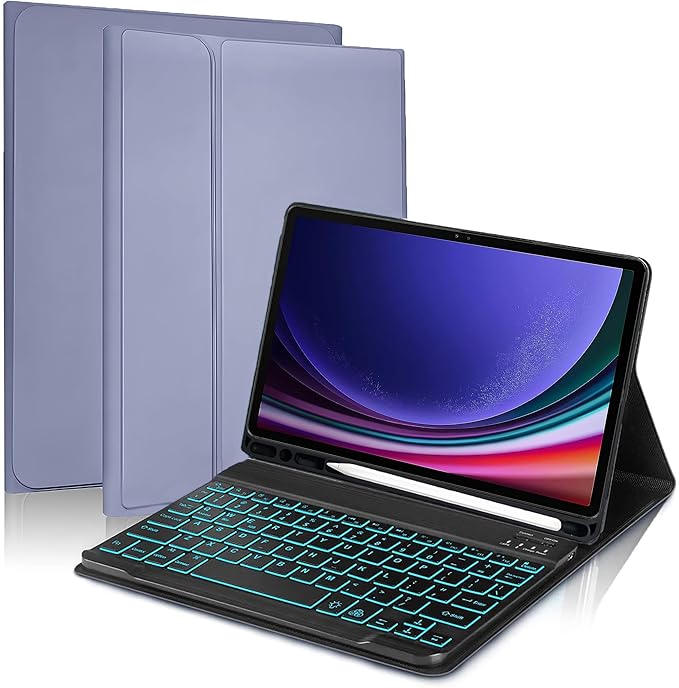 {Refurbished}ProElite Keyboard case for Samsung Galaxy Tab S9 11 inch/S9 Fe 10.9 inch, Magnetic Detachable Wireless Bluetooth Keyboard with S Pen Holder and Built-in 7-Colors Backlit, Lavender
