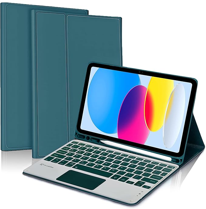 {Refurbished} ProElite TouchPad Keyboard case for Apple iPad 10th Gen 2022, with Pencil Holder, Magnetic Detachable Wireless Bluetooth TouchPad Keyboard Built-in 7-Colors Backlit, Dark Green