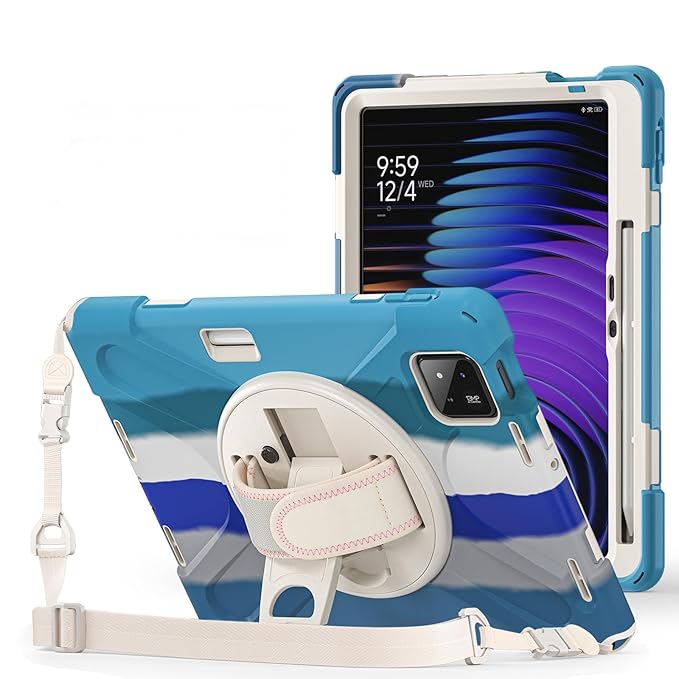 ProElite Cover for Xiaomi Mi Pad 7/7 Pro 11.2 inch Case, Rugged 3 Layer Armor case for Xiaomi Mi Pad 7/7 Pro with Hand Grip and Rotating Kickstand with Shoulder Strap & Pen Holder, Rainbow Blue