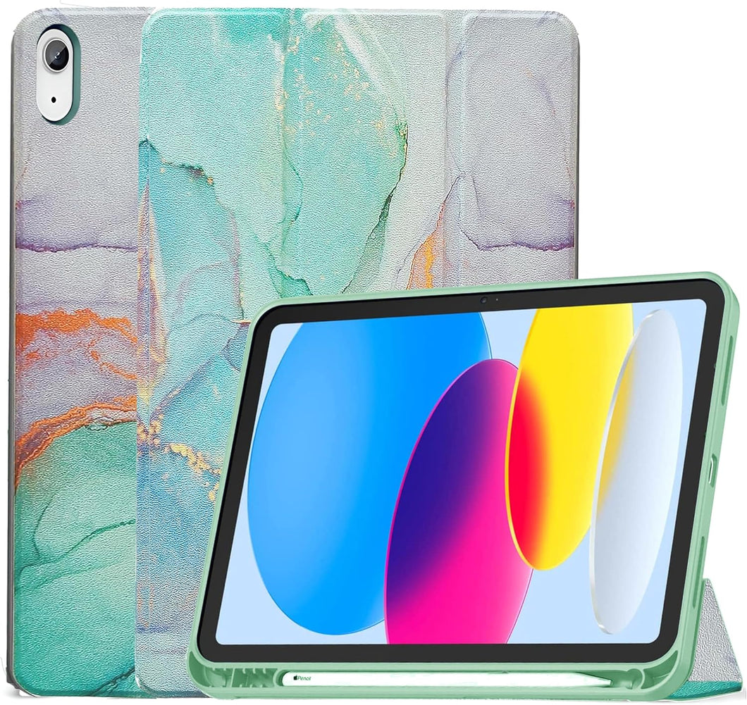 ProElite Smart Case for iPad (A16) 11th/10th Generation (2025/2022) [Auto Sleep/Wake Cover] [Left Side Pencil Holder] [Soft Flexible Case] Recoil Series - Marble Green
