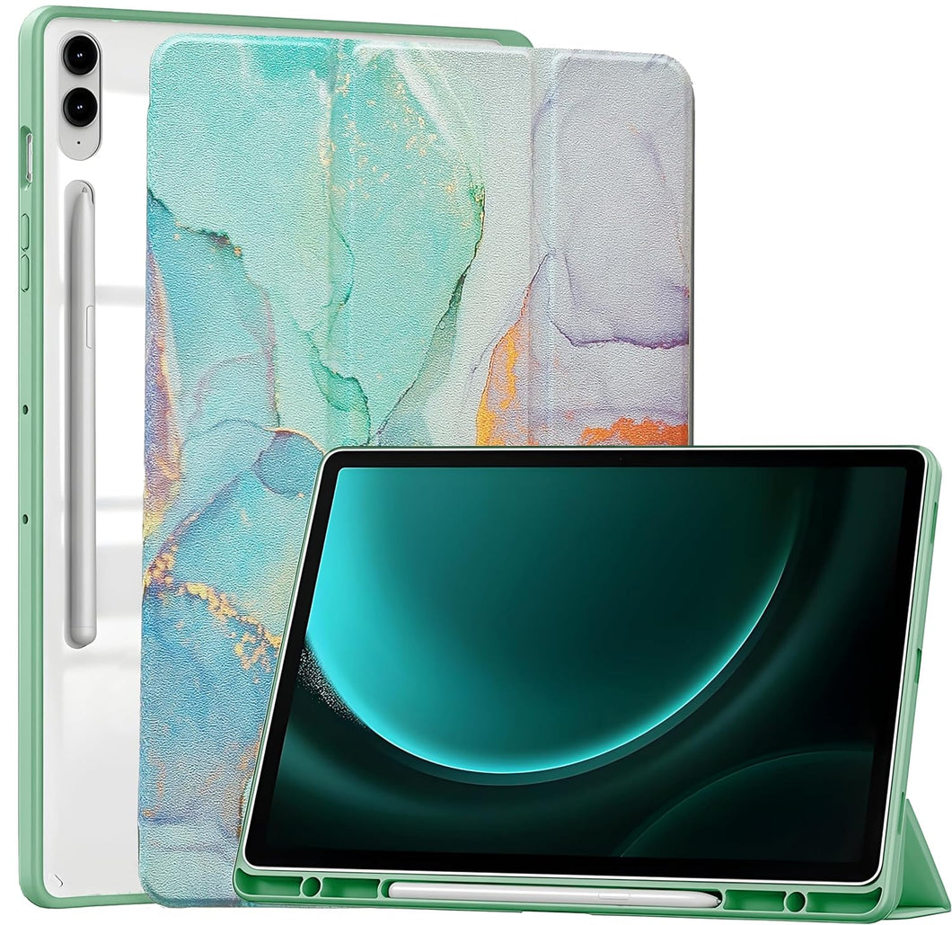 ProElite Cover for Samsung Galaxy Tab S9 FE Plus/S9 Plus/S10+ 12.4 inch Case, Smart Flip Case Cover for Galaxy Tab S9 FE+/S9 Plus/S10+ 12.4 inch with S Pen Holder, Marble Green [Transparent Back]