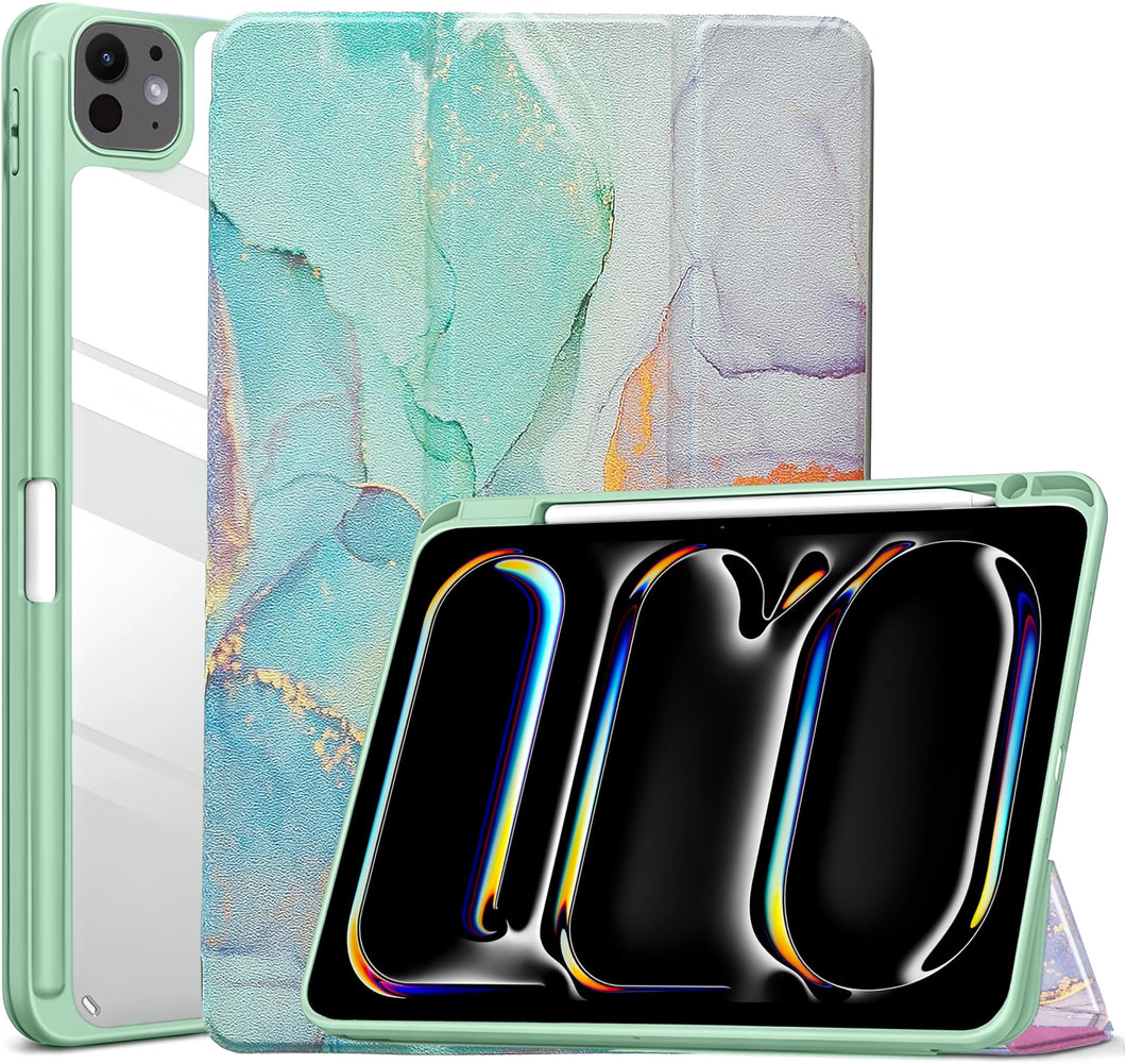 ProElite Case Cover for Apple iPad Pro 13 inch 2024 M4 Cover, Transparent Smart Flip Cover for iPad Pro 13 inch M4 2024 with Pencil Holder, Marble Green