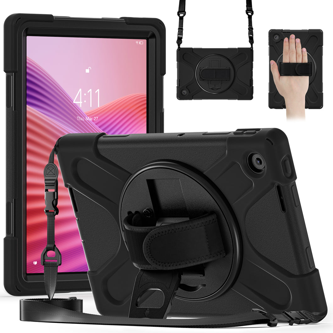 ProElite Cover for Lenovo Tab 10.1 inch 2025 Cover Case, Rugged 3 Layer Armor case Cover for Lenovo Tab 10.1 inch 2025 with Hand Grip & Rotating Kickstand with Shoulder Strap, Black