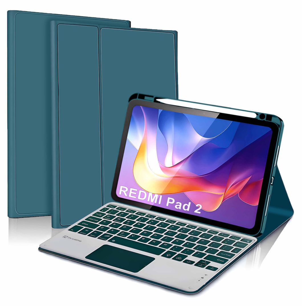 ProElite TouchPad Keyboard case for Xiaomi Redmi Pad 2 11 inch, Magnetic Detachable Wireless Bluetooth TouchPad Keyboard Built-in 7-Colors Backlit with Pen Holder, Dark Green