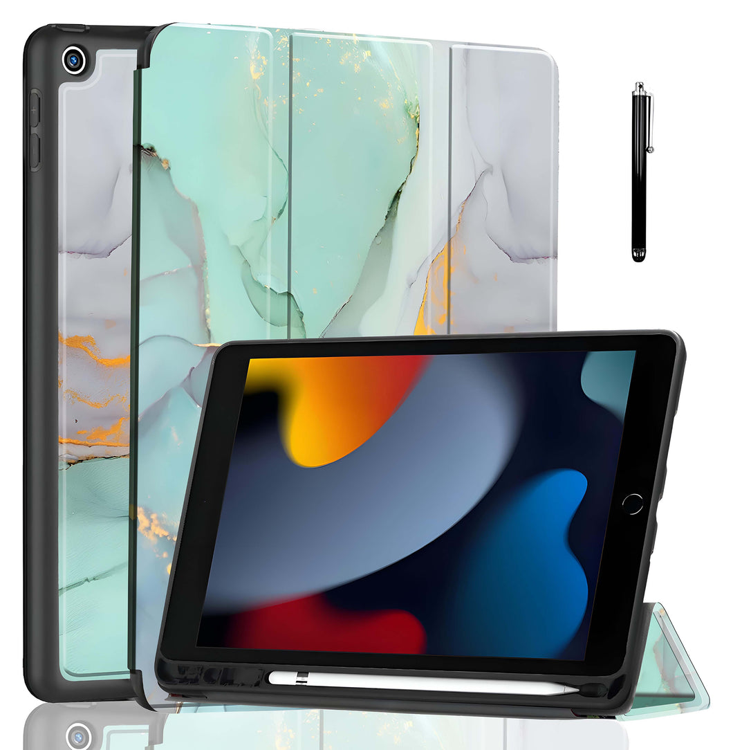 ProElite Smart Case for iPad 10.2 inch 2021 9th/8th/7th Gen [Auto Sleep/Wake Cover] [Pencil Holder] [Soft Flexible Case] Recoil Series - Marble Green with Stylus Pen