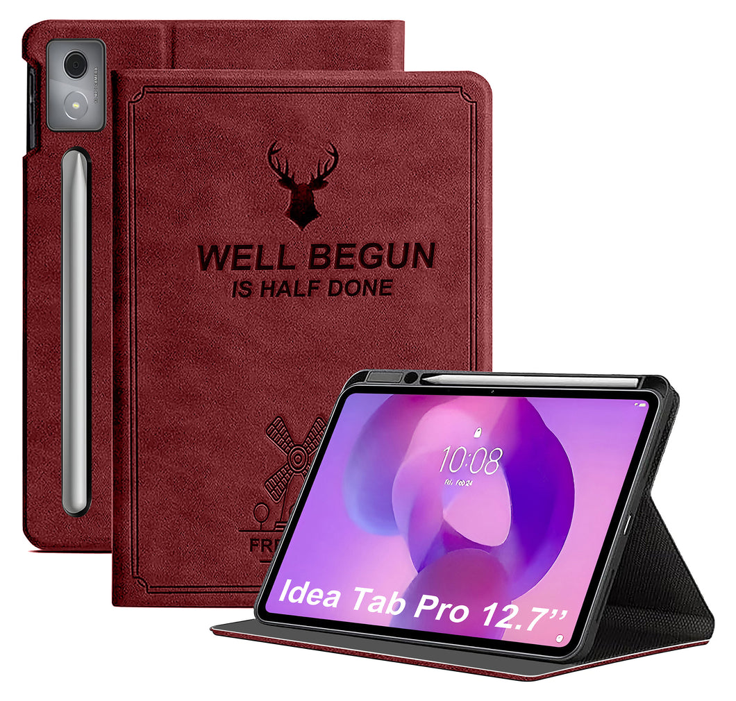 ProElite Cover for Lenovo Idea Tab Pro 12.7 inch 2025 Case Cover, Deer Smart Flip Case Cover for Lenovo Idea Tab Pro 12.7 inch Tablet with Holder, Wine Red
