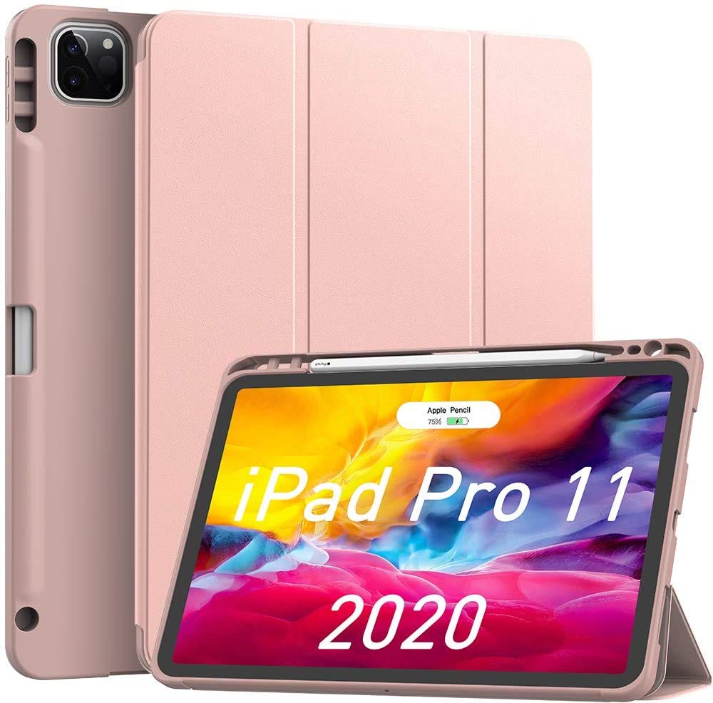 ProElite Smart Trifold Flip Case Cover for Apple iPad Pro 11 2020 with Pencil Holder, Soft Flexible Back Cover, Rose Gold