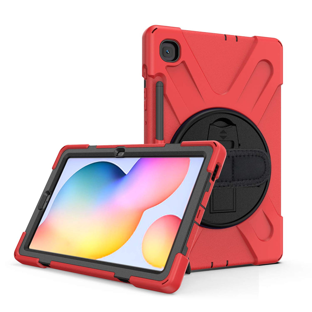 ProElite Rugged 3 Layer Armor case Cover for Samsung Galaxy Tab S6 Lite 10.4 Inch SM-P610/P615 with SPen Holder, Hand Grip and Rotating Kickstand, Red