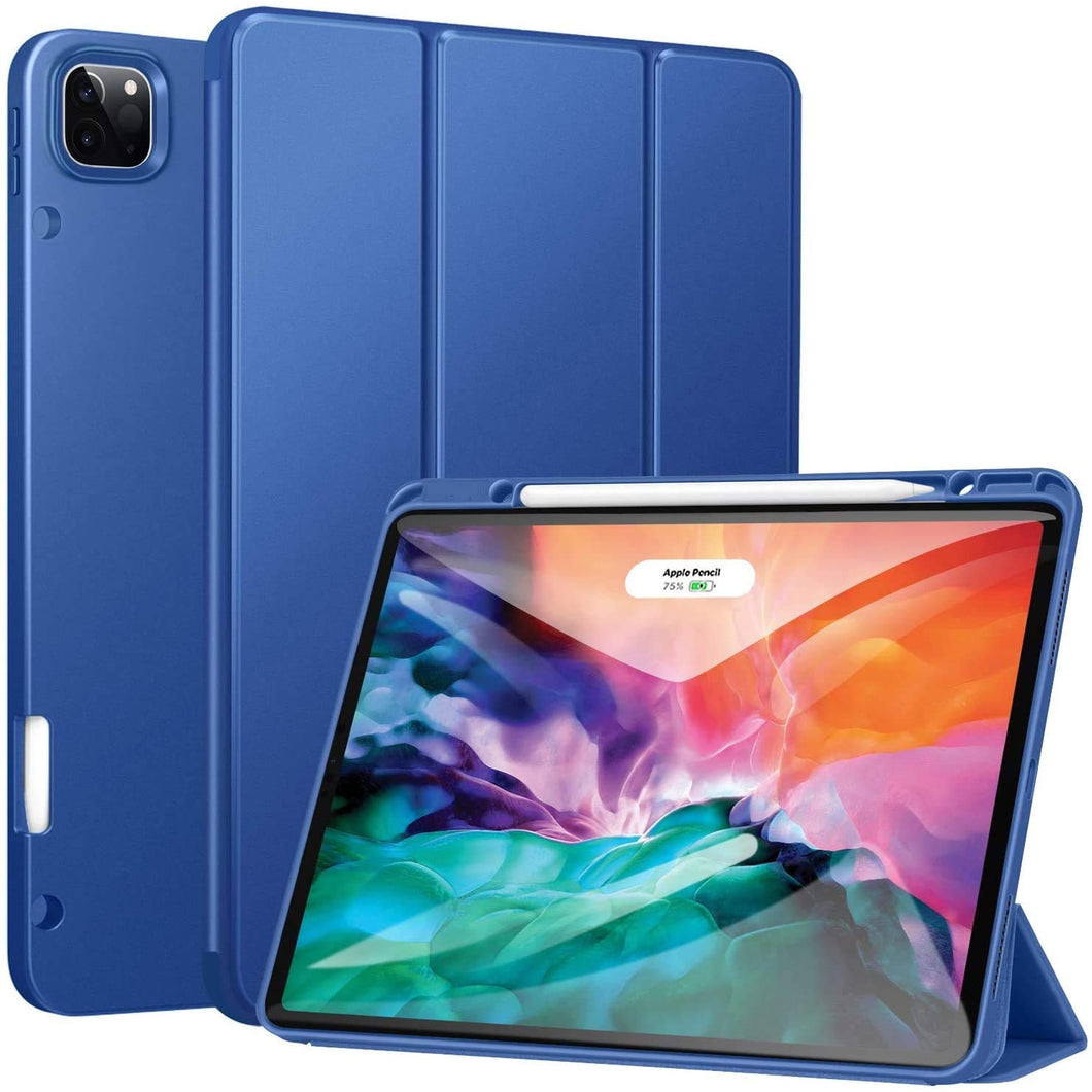 ProElite Smart Trifold Flip Case Cover for Apple iPad Pro 12.9 2020/2018 with Pencil Holder, Soft Flexible Back Cover, Dark Blue