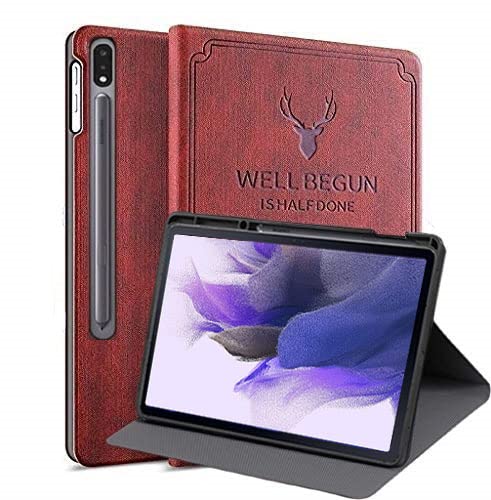 ProElite Deer Smart Flip case Cover for Samsung Galaxy Tab S8 Plus/S7 Plus/S7 FE 12.4 Inch SM-T970/T975/T976/T735/X800/X806 with S Pen Holder (Wine Red)