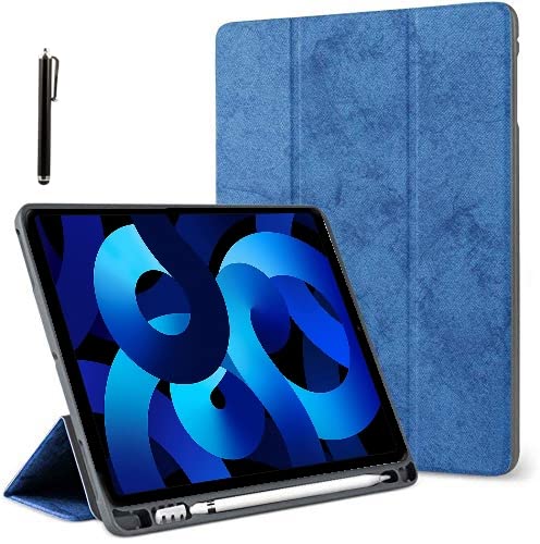 ProElite Smart PU Flip Case Cover for Apple iPad Air 10.9 inch 5th/4th Generation with Pencil Holder and Stylus Pen, Dark Blue