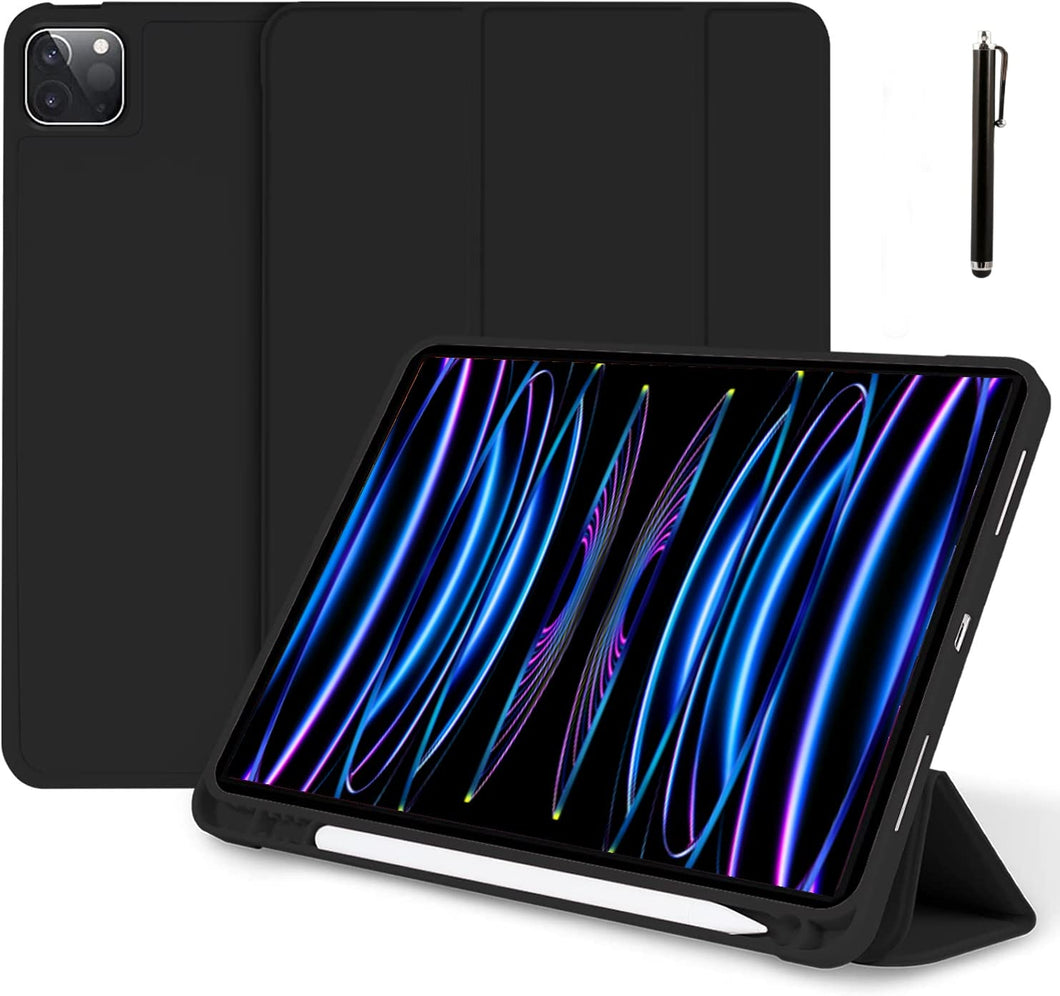 ProElite Smart Case for iPad Pro 12.9 inch 2022/2021 6th/5th Generation [Auto Sleep/Wake Cover] [Left Side Pencil Holder] [Soft Flexible Case with Stylus ] Recoil Series - Black