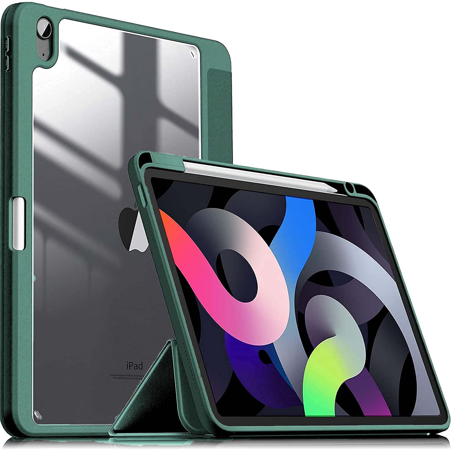 ProElite Hybrid Detachable Magnetic Case Cover for Apple iPad Air inch  4th/5th Generation with Pencil Holder, Dark Green [Transparent Back]