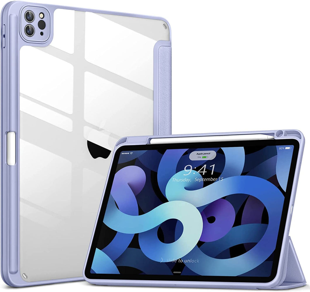 ProElite Smart Flip Case Cover for Apple iPad Pro 12.9 inch 2022/2021/2020/2018 6th/5th/4th/3rd Gen, Transparent Back with Pencil Holder, Lavender