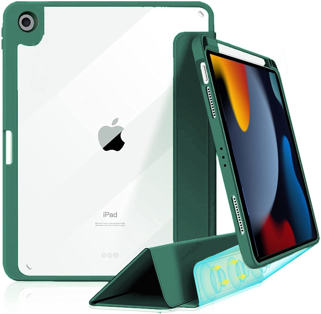 ProElite Hybrid Detachable Magnetic Case Cover for Apple iPad 10.2 inch 2021 9th/8th/7th Gen with Pencil Holder, Green [Transparent Back]