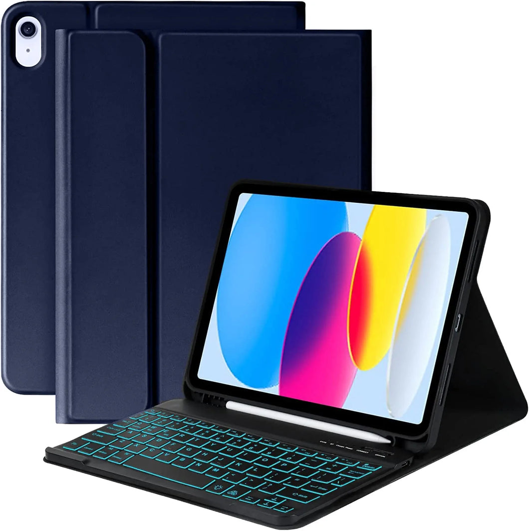 ProElite Keyboard case for Apple iPad 10th Gen 10.9 inch 2022, with Pencil Holder, Magnetic Detachable Wireless Bluetooth Keyboard Built-in 7-Colors Backlit, Dark Blue