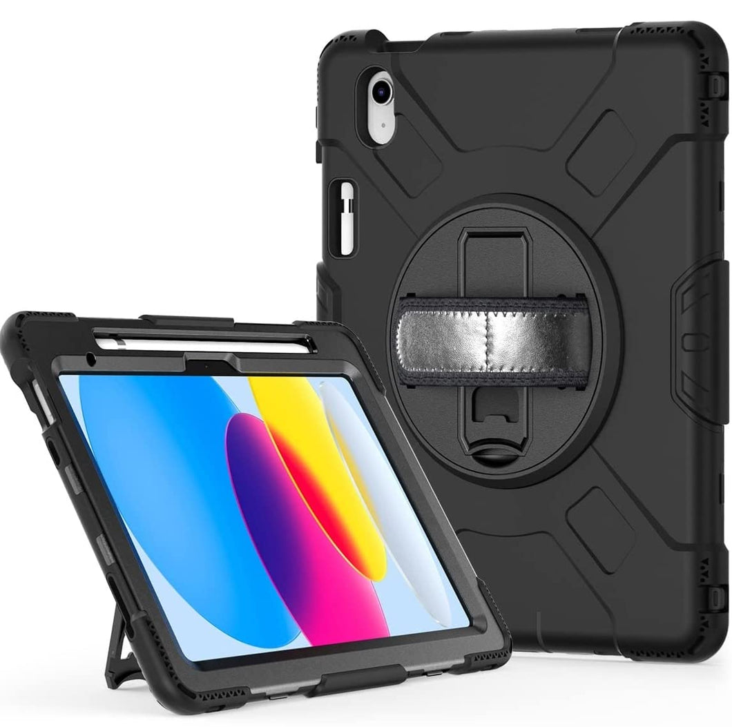 ProElite Rugged 3 Layer Armor case Cover for Apple iPad 10th Generation 10.9 inch 2022 with Pencil Holder, with Hand Grip, and Rotating Kickstand, Black