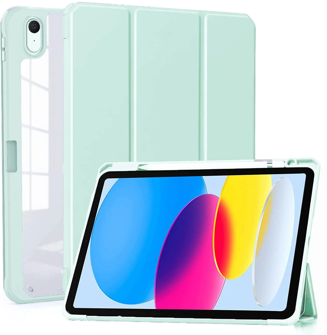 ProElite Smart Flip Case Cover for Apple iPad 10th Generation 10.9 inch 2022, Transparent Back with Pencil Holder, Light Green