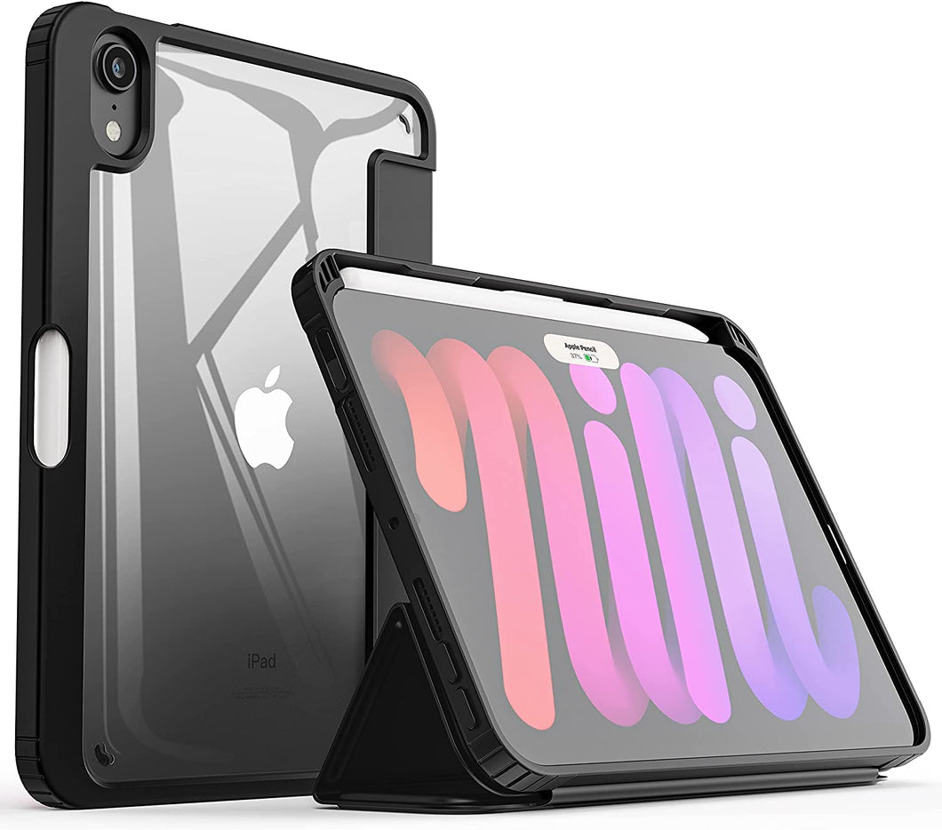 ProElite Cover Case for Apple iPad Mini 6/Mini 7 8.3 inch Case, Smart Flip Case Cover for Apple iPad Mini 6/Mini 7 8.3 inch with Pencil Holder, Black (Transparent Back)
