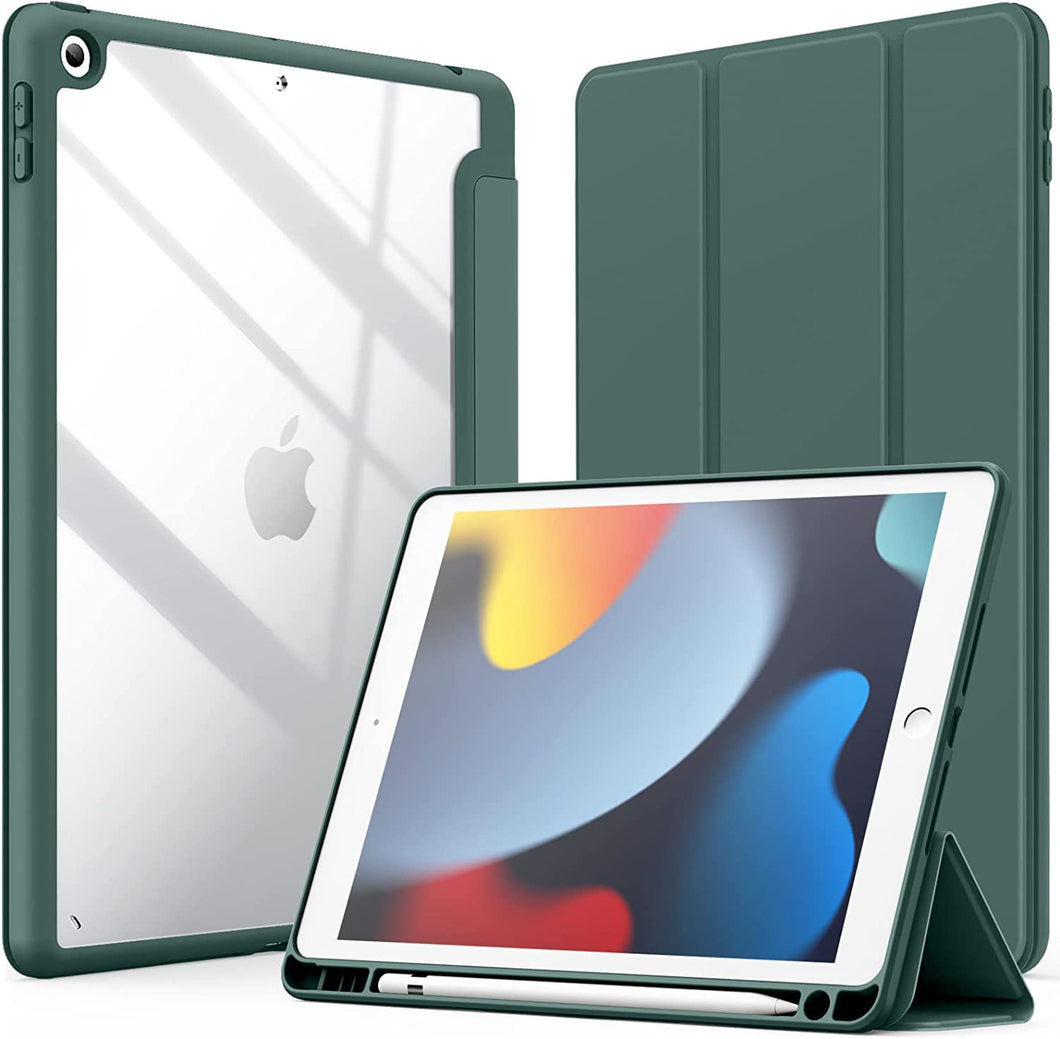 ProElite Smart Flip Case Cover for Apple iPad 10.2 inch 2021 9th/8th/7th Gen, Clear Soft Back with Pencil Holder, Dark Green