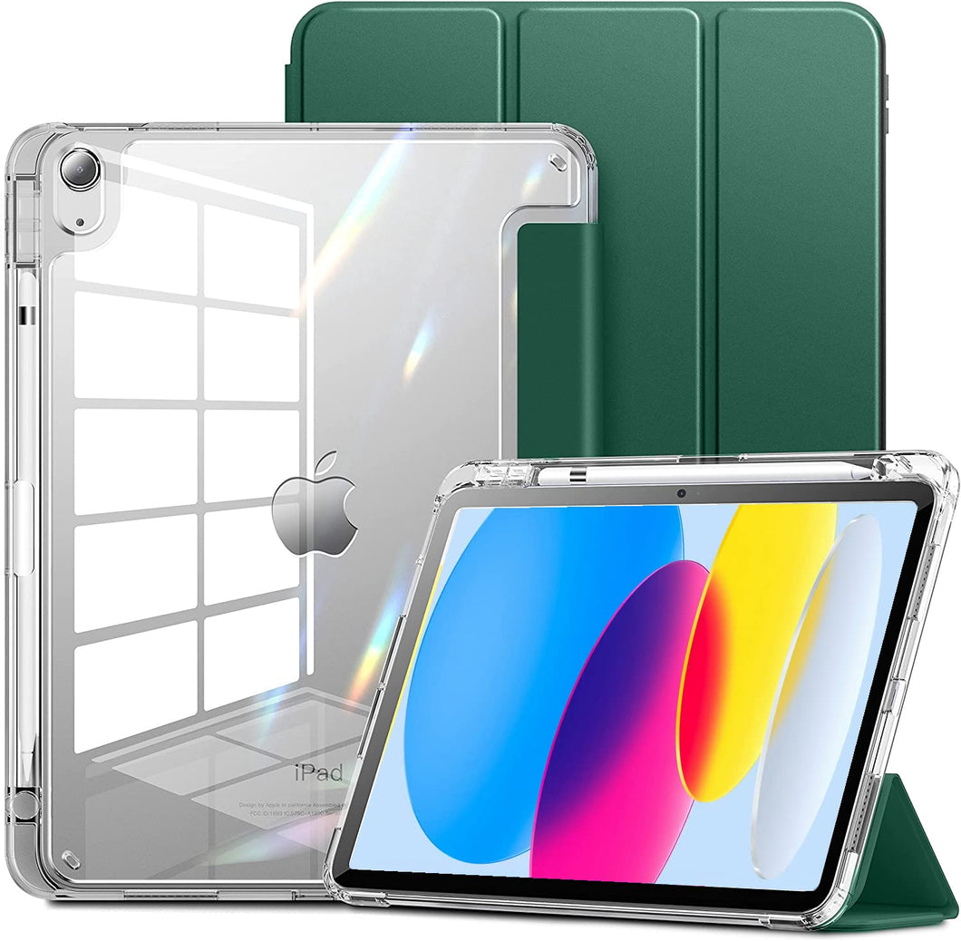 ProElite Smart Flip Case Cover for Apple iPad 10th Generation 10.9 inch 2022, Fully Transparent Back with Pencil Holder, Dark Green