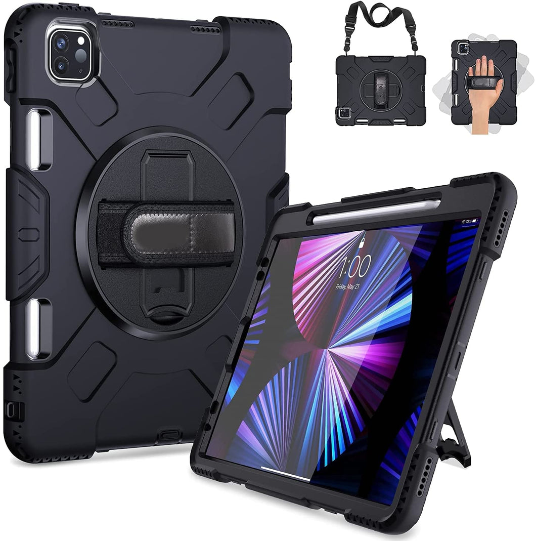 ProElite Rugged 3 Layer Armor case Cover for iPad Pro 11 inch 2022/2021 4th/3rd Gen with Pencil Holder, Shoulder Strap and Kickstand, Black