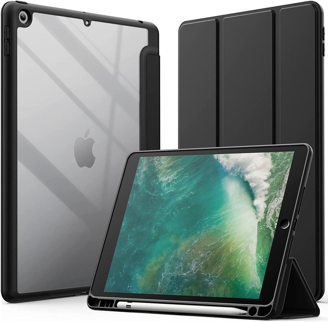 ProElite Smart Flip Case Cover for Apple iPad 9.7 inch 2018/2017 Air 1 Air 2 5th 6th Generation, Clear Soft Back with Pencil Holder, Black