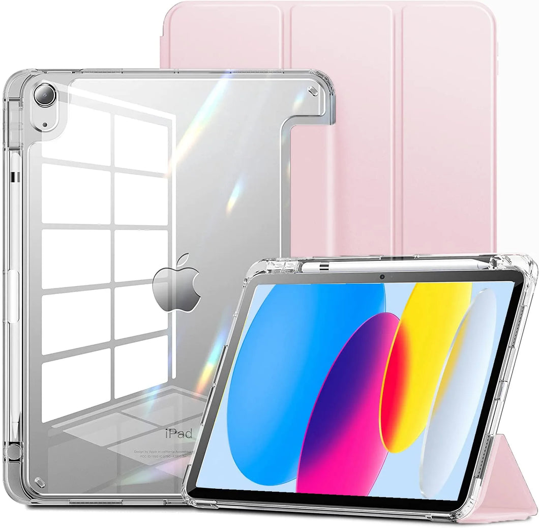 ProElite Smart Flip Case Cover for Apple iPad 10th Generation 10.9 inch 2022, Fully Transparent Back with Pencil Holder, Pink