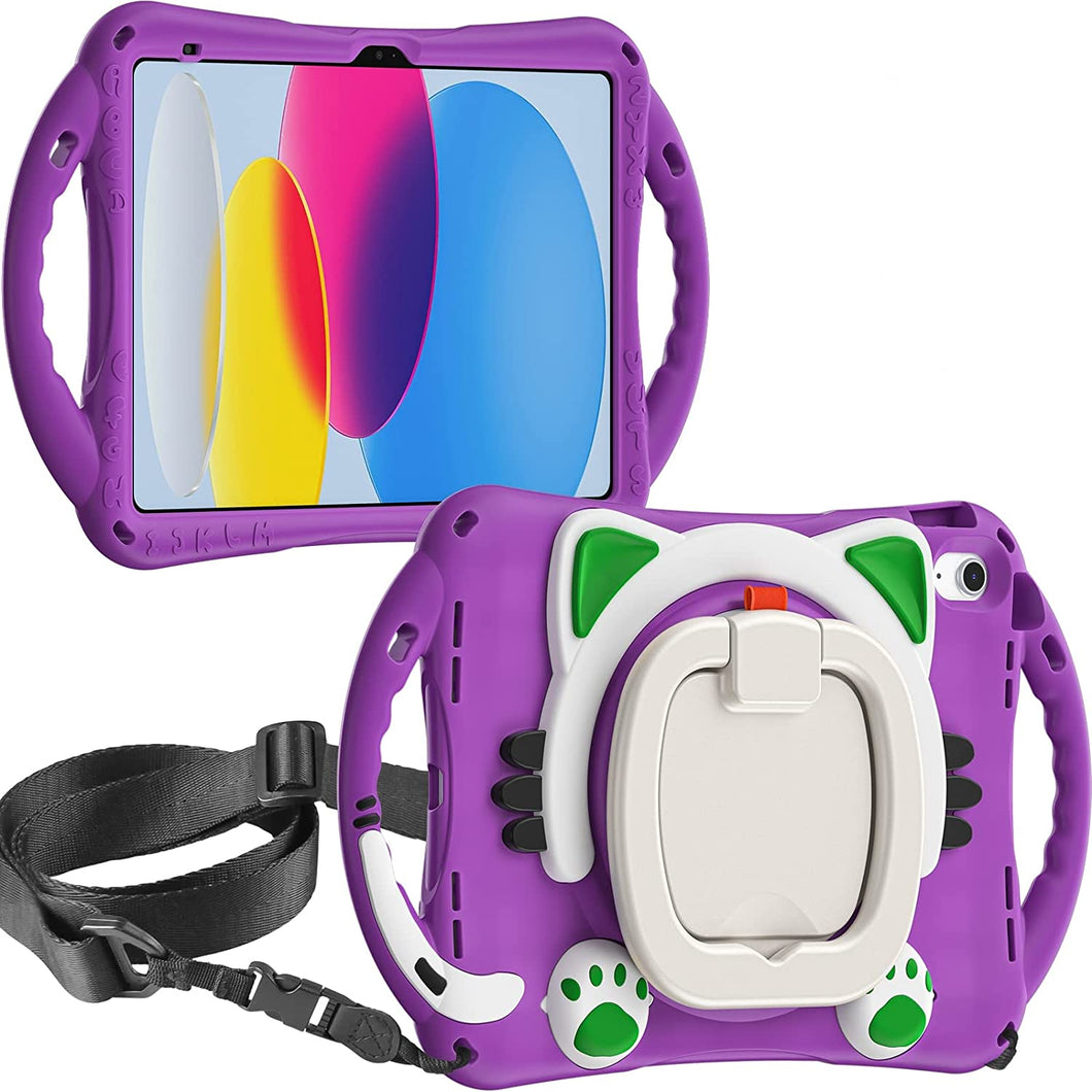 ProElite Tough Kids case Cover for Apple iPad 10th Gen 10.9 inch 2022 with Rotating Kickstand & Shoulder Strap, Purple