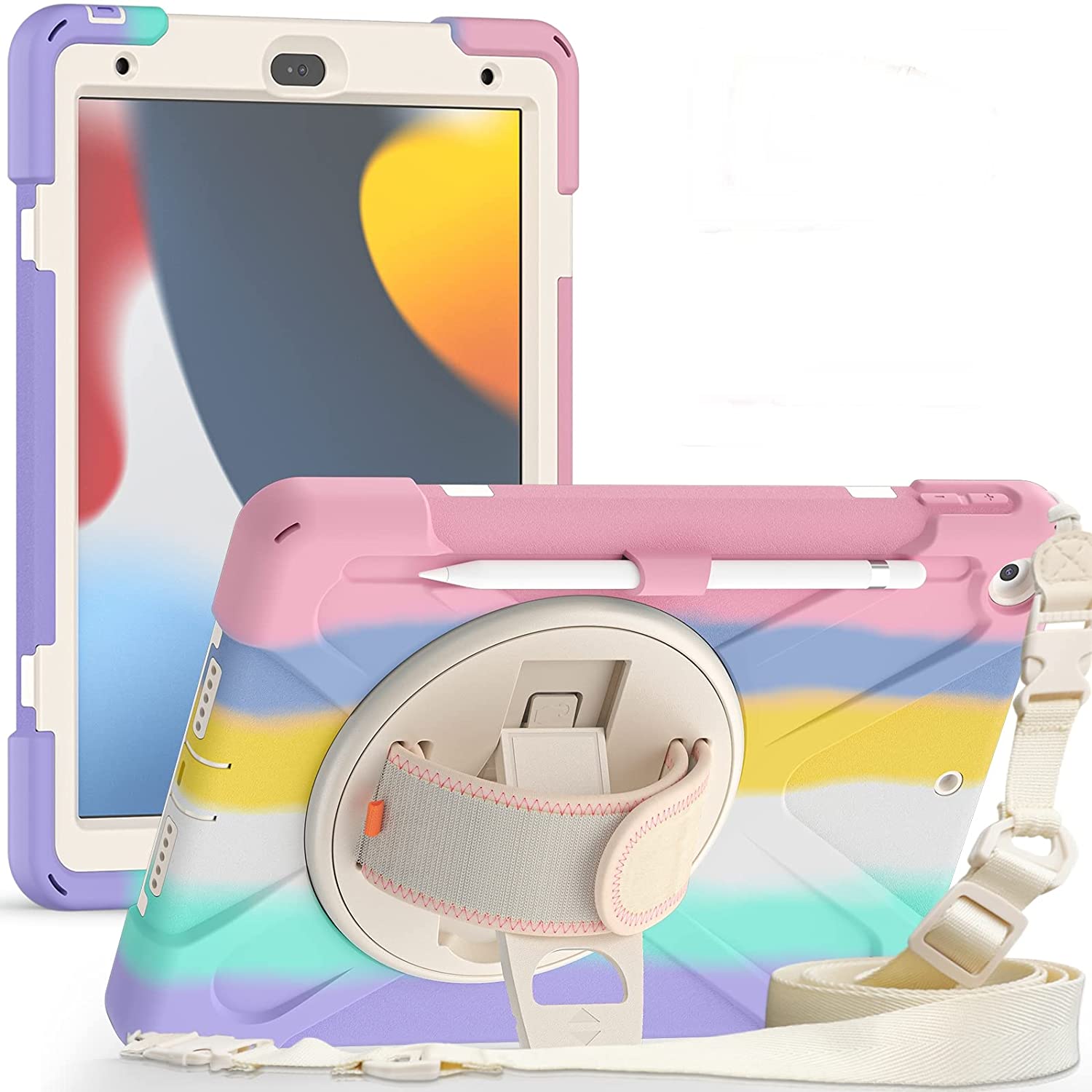 ProElite Rugged Layer Armor case Cover for Apple iPad 9th Gen (2021)/8th Gen/7th Gen, with Pencil Holder and Rotating Kickstand, Rainbow
