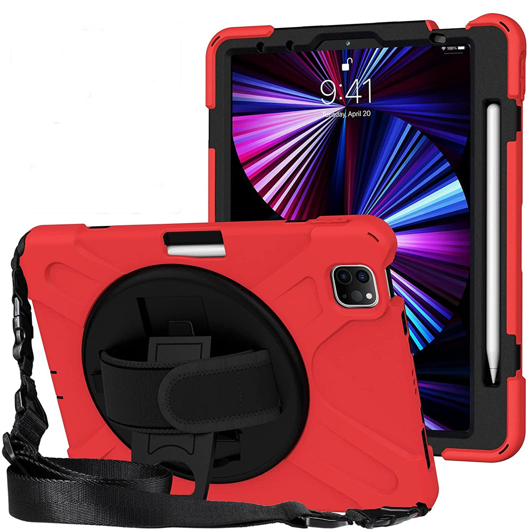 ProElite Rugged 3 Layer Armor case Cover for iPad Pro 11 inch 2022/2021 4th/3rd Gen with Pencil Holder, Shoulder Strap and Kickstand, Red