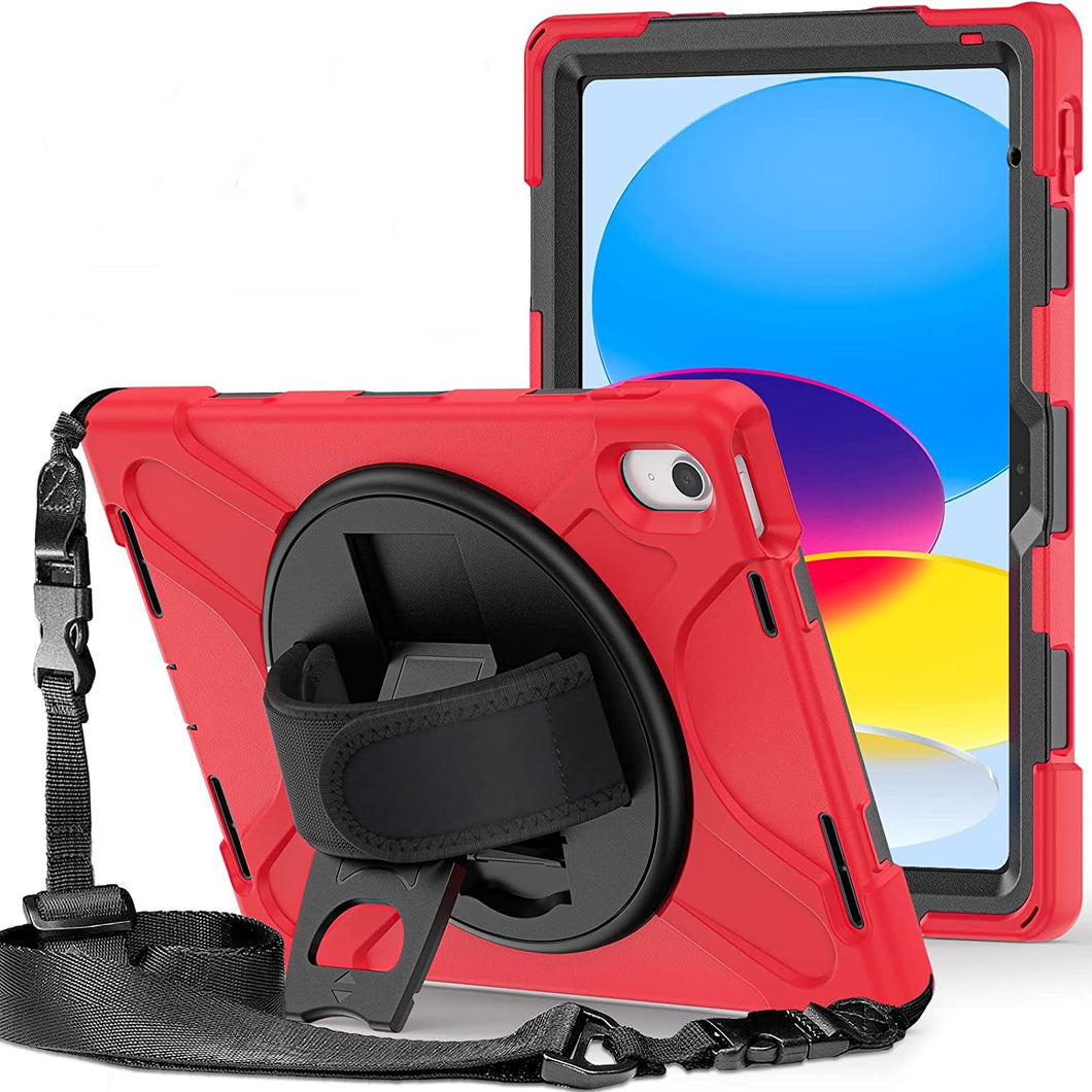 ProElite Rugged 3 Layer Armor case Cover for Apple iPad 10th Generation 10.9 inch 2022. with Hand Grip and Rotating Kickstand, Red