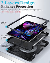 Load image into Gallery viewer, ProElite Rugged 3 Layer Armor case Cover for iPad Pro 11 inch 2022/2021 4th/3rd Gen with Pencil Holder, Shoulder Strap and Kickstand, Black
