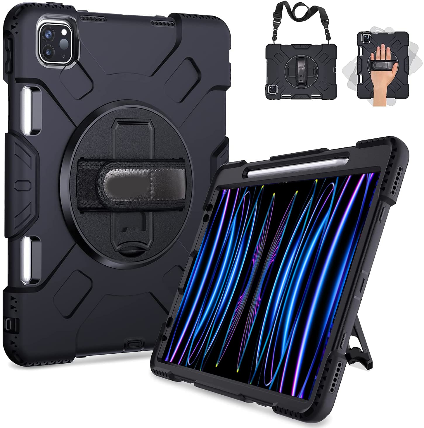 ProElite Rugged Layer Armor case Cover for iPad Pro 11 inch 2022/2021 4th/3rd Gen with Pencil Holder, Shoulder Strap and Kickstand, Black