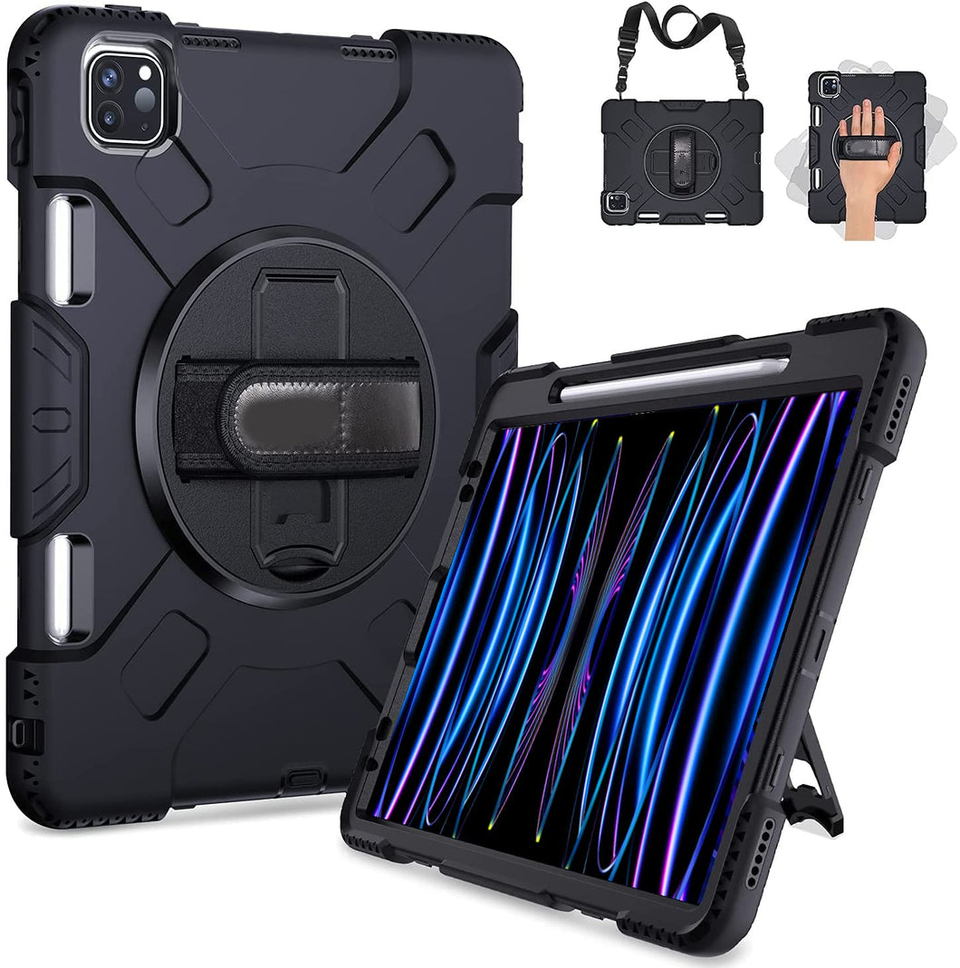 ProElite Rugged 3 Layer Armor case Cover for iPad Pro 11 inch 2022/2021 4th/3rd Gen with Pencil Holder, Shoulder Strap and Kickstand, Black
