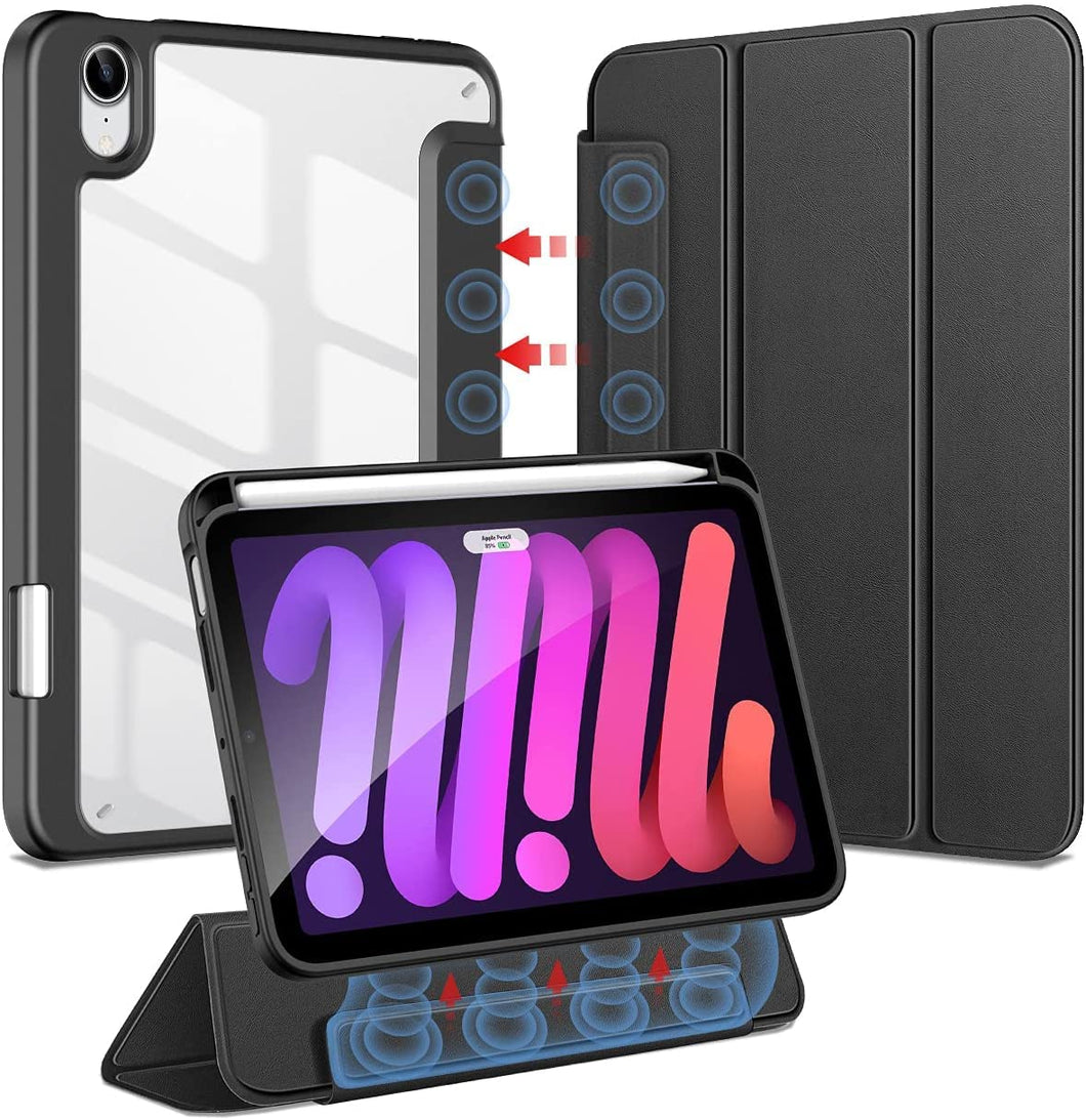 ProElite Hybrid Detachable Magnetic Case Cover for Apple iPad Mini 6/Mini 7 8.3 inch Case with Pencil Holder, Black [Transparent Back]