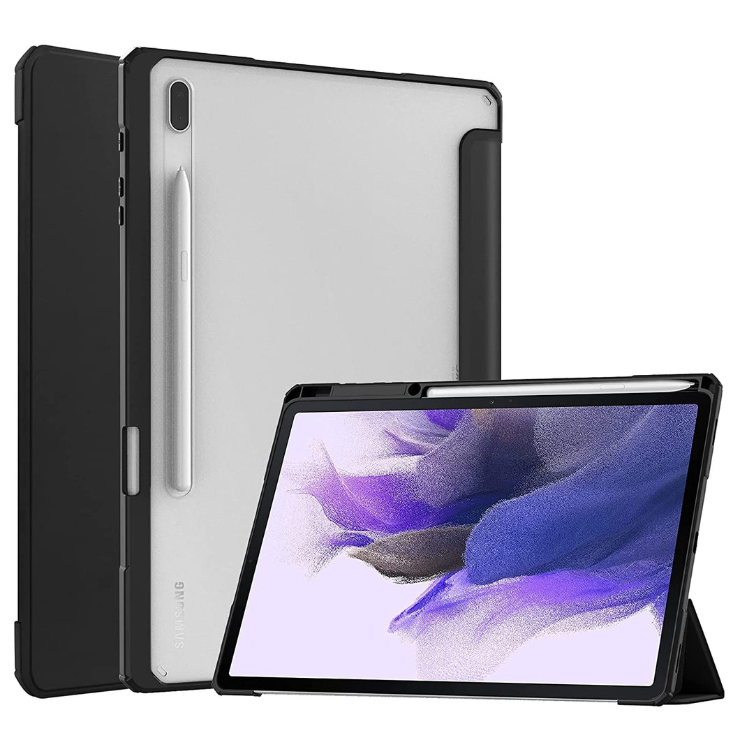 ProElite Smart Flip Case Cover for Samsung Galaxy Tab S8 Plus/S7 Plus/S7 FE 12.4 Inch SM-T970/T975/T976/T735/X800/X806 with S Pen Holder, Black [Transparent Back]