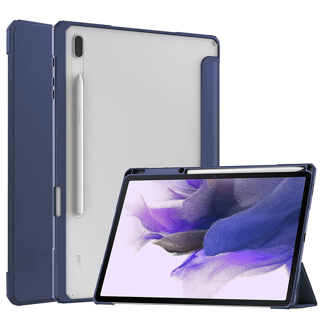 ProElite Smart Flip Case Cover for Samsung Galaxy Tab S8 Plus/S7 Plus/S7 FE 12.4 Inch SM-T970/T975/T976/T735/X800/X806 with S Pen Holder, Dark Blue [Transparent Back]